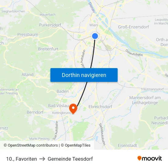 10., Favoriten to Gemeinde Teesdorf map