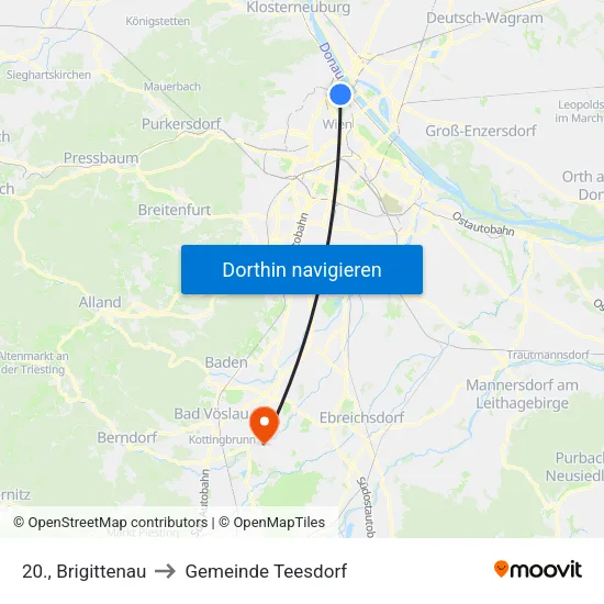 20., Brigittenau to Gemeinde Teesdorf map