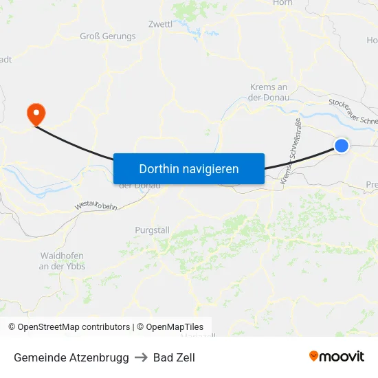 Gemeinde Atzenbrugg to Bad Zell map