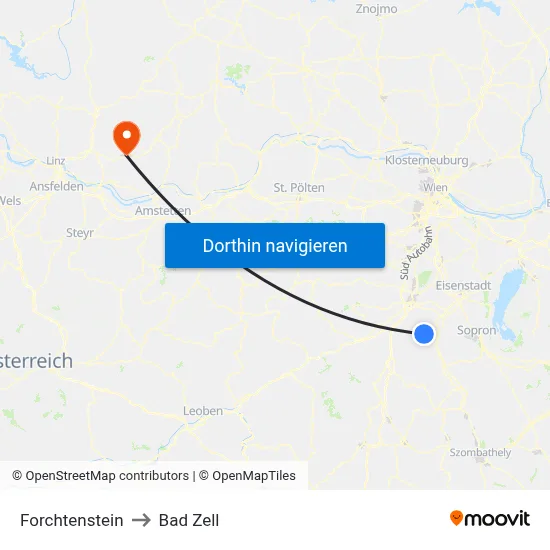Forchtenstein to Bad Zell map