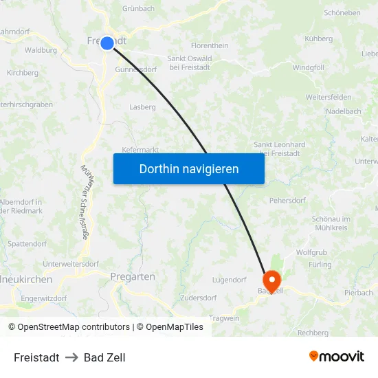 Freistadt to Bad Zell map