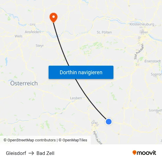Gleisdorf to Bad Zell map