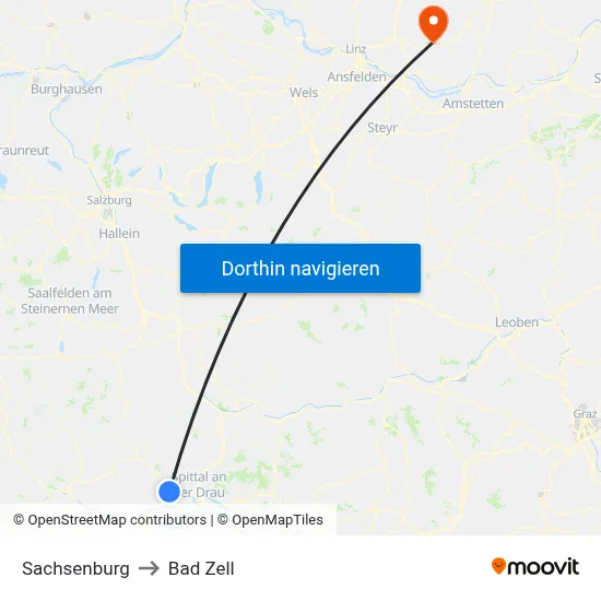 Sachsenburg to Bad Zell map