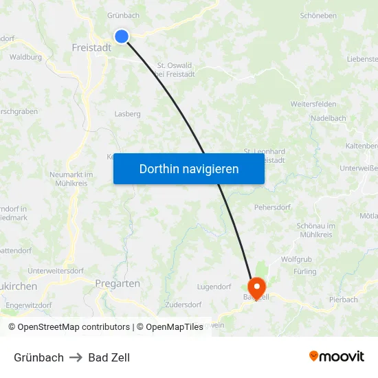 Grünbach to Bad Zell map