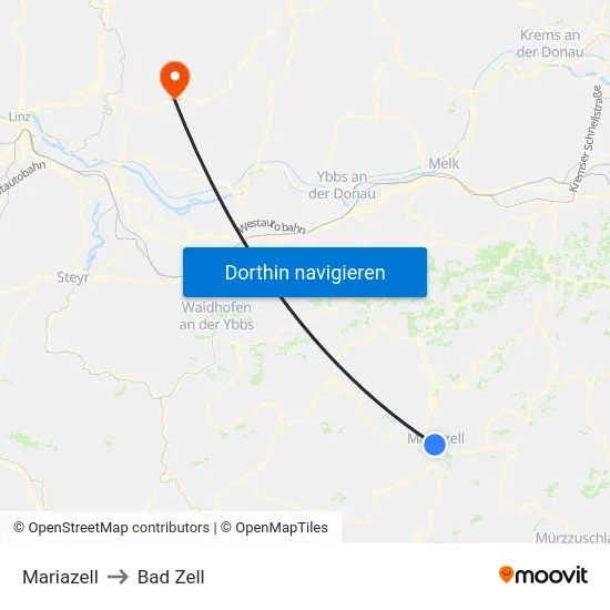 Mariazell to Bad Zell map
