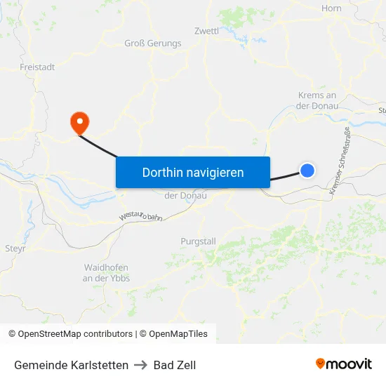 Gemeinde Karlstetten to Bad Zell map