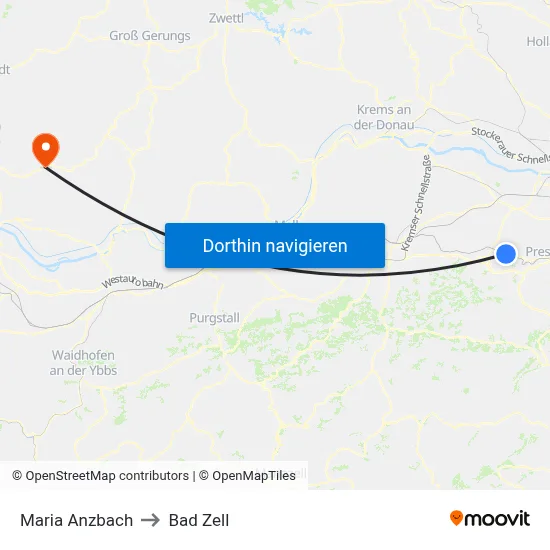 Maria Anzbach to Bad Zell map