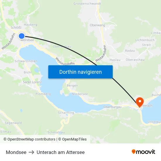 Mondsee to Unterach am Attersee map