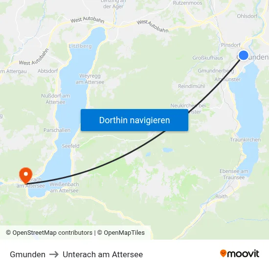 Gmunden to Unterach am Attersee map