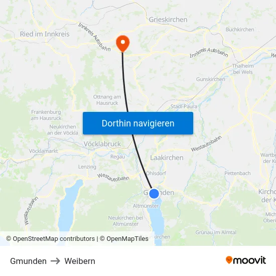 Gmunden to Weibern map