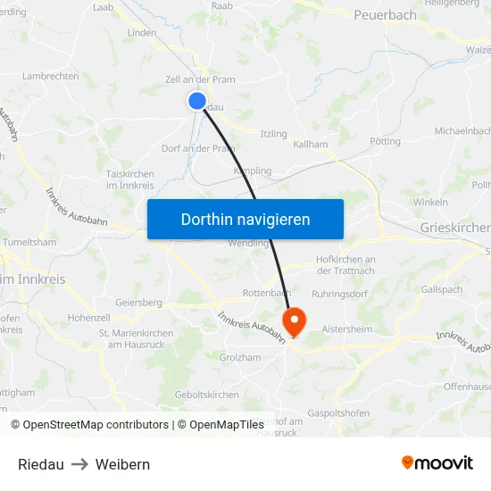 Riedau to Weibern map