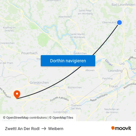 Zwettl An Der Rodl to Weibern map