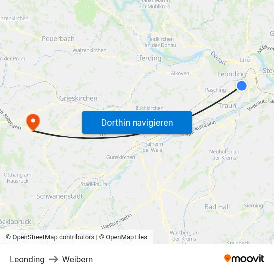 Leonding to Weibern map