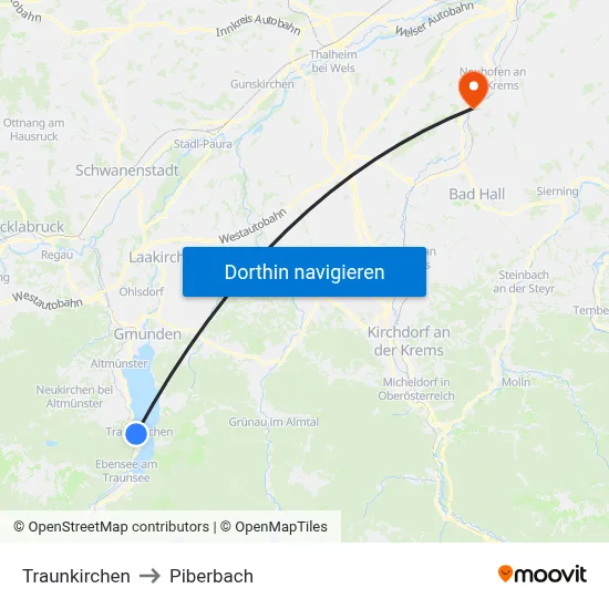 Traunkirchen to Piberbach map