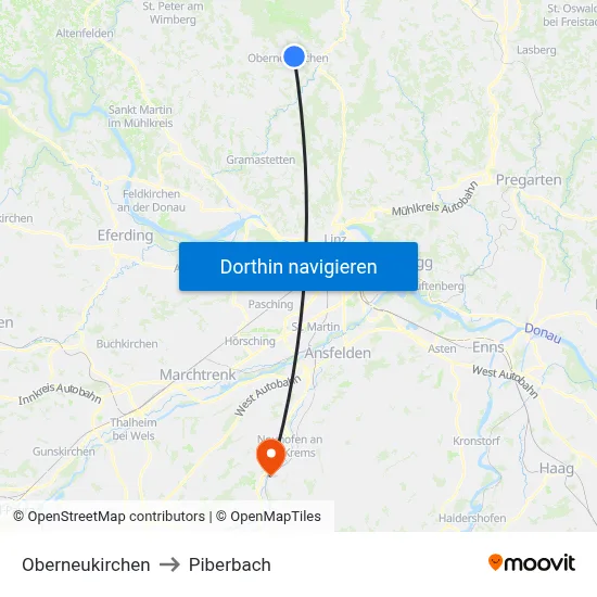 Oberneukirchen to Piberbach map