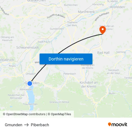 Gmunden to Piberbach map