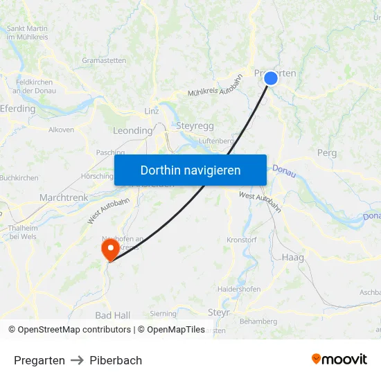 Pregarten to Piberbach map