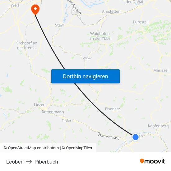 Leoben to Piberbach map