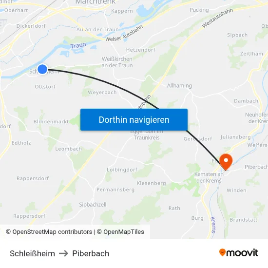 Schleißheim to Piberbach map