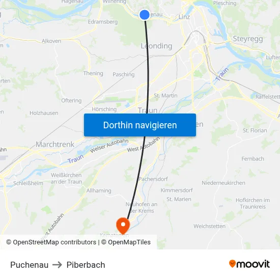 Puchenau to Piberbach map