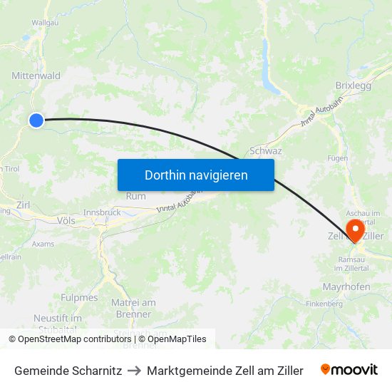 Gemeinde Scharnitz to Marktgemeinde Zell am Ziller map