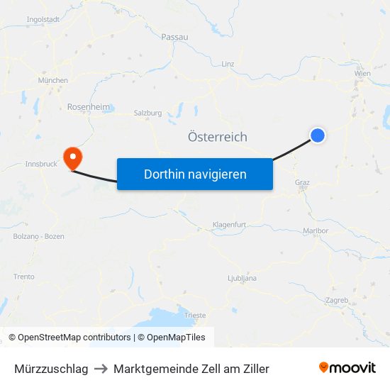 Mürzzuschlag to Marktgemeinde Zell am Ziller map