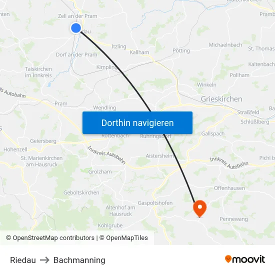 Riedau to Bachmanning map