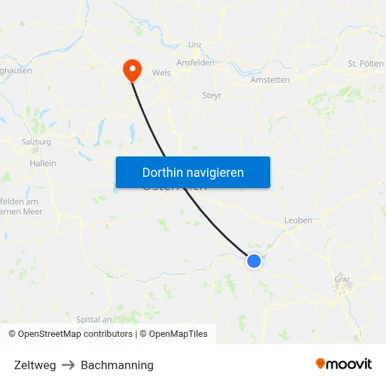 Zeltweg to Bachmanning map