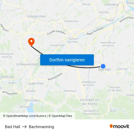 Bad Hall to Bachmanning map