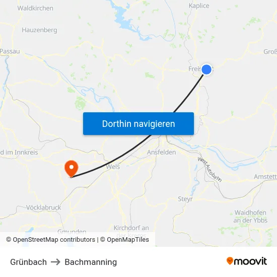 Grünbach to Bachmanning map