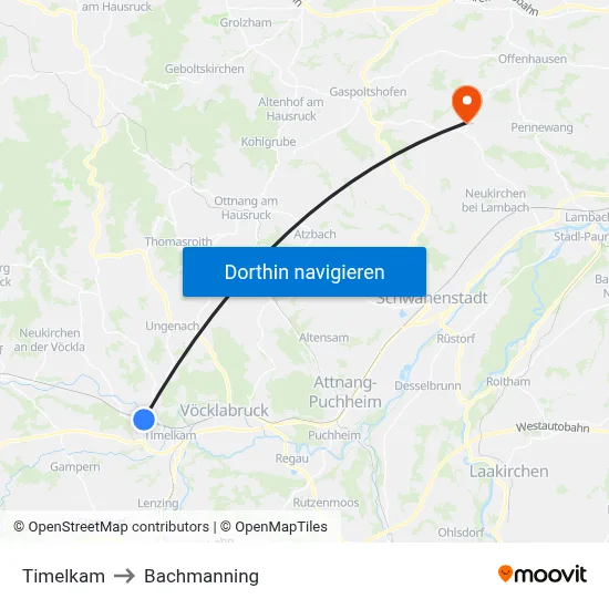 Timelkam to Bachmanning map