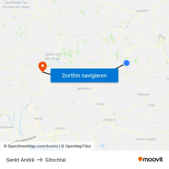 Sankt Andrä to Gitschtal map