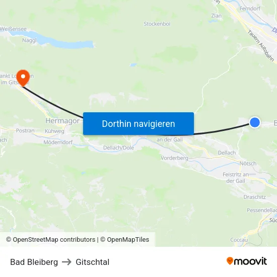 Bad Bleiberg to Gitschtal map