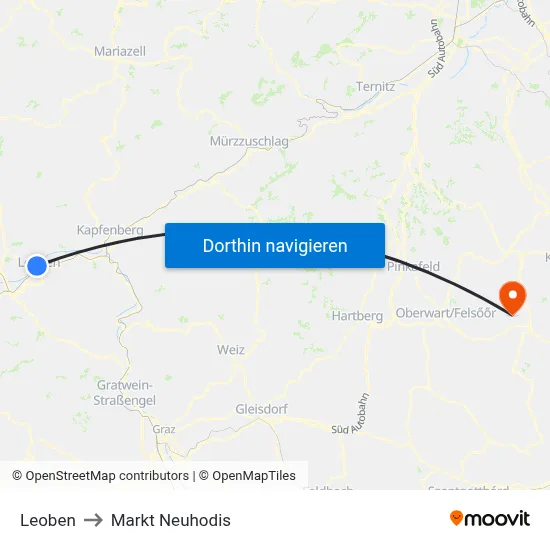 Leoben to Markt Neuhodis map