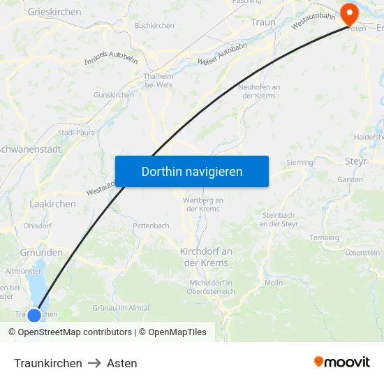 Traunkirchen to Asten map