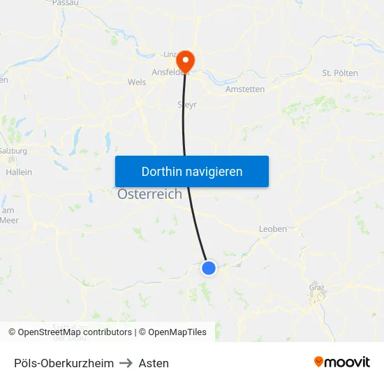 Pöls-Oberkurzheim to Asten map