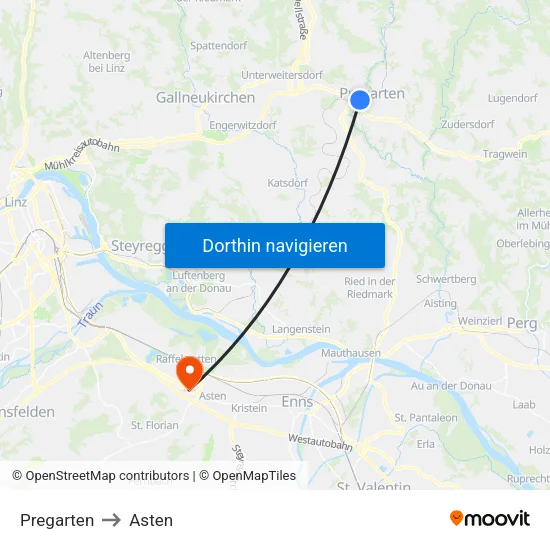 Pregarten to Asten map