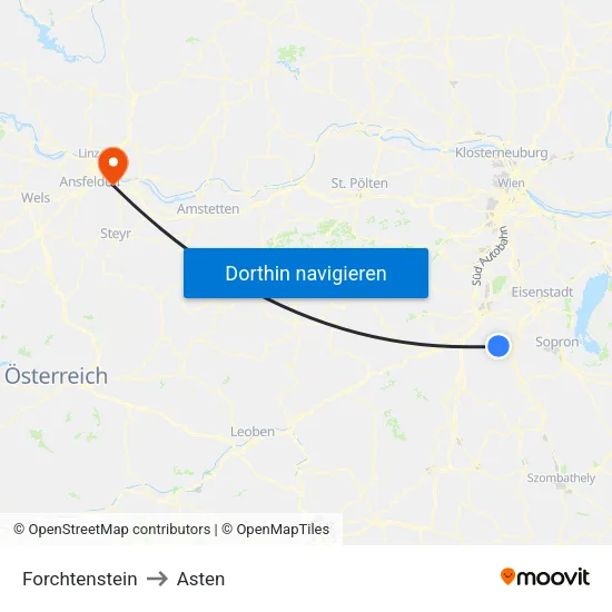 Forchtenstein to Asten map