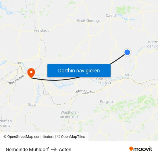 Gemeinde Mühldorf to Asten map