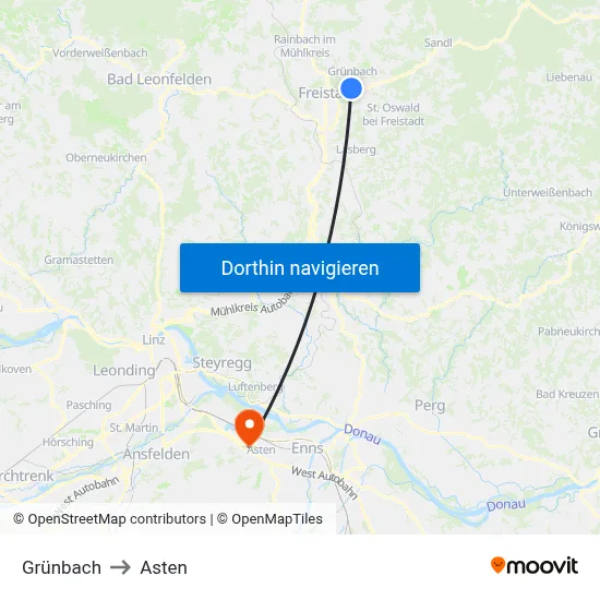 Grünbach to Asten map