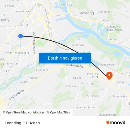 Leonding to Asten map