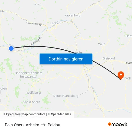 Pöls-Oberkurzheim to Paldau map