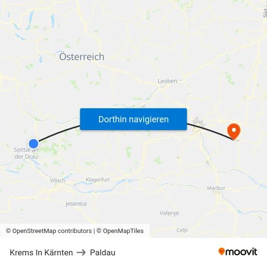 Krems In Kärnten to Paldau map