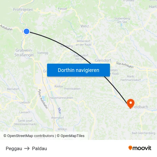 Peggau to Paldau map