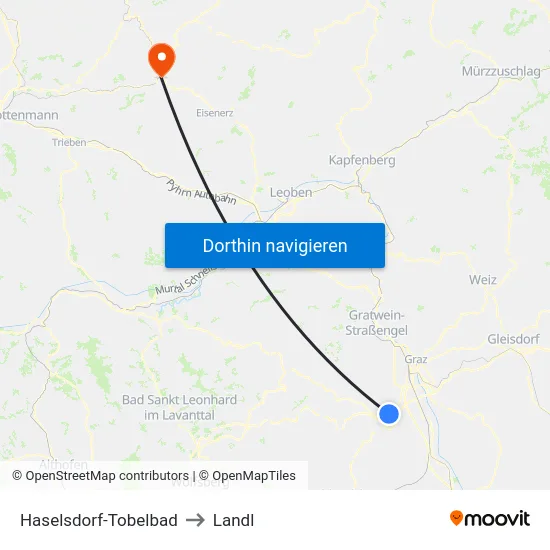 Haselsdorf-Tobelbad to Landl map