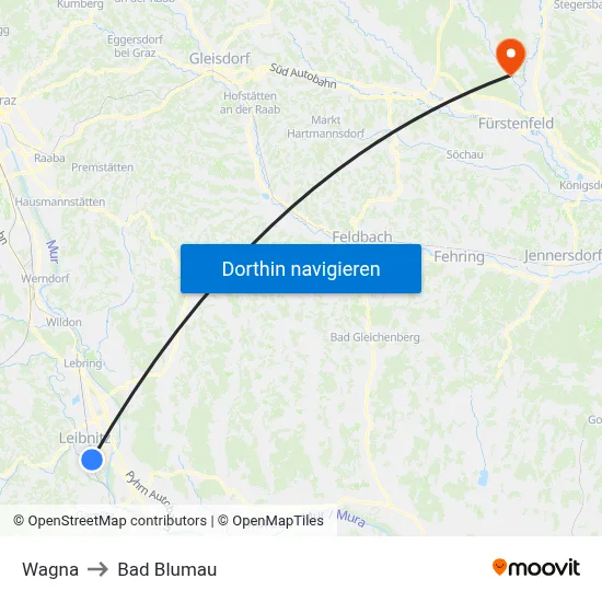 Wagna to Bad Blumau map
