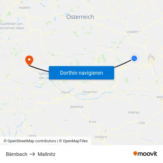 Bärnbach to Mallnitz map