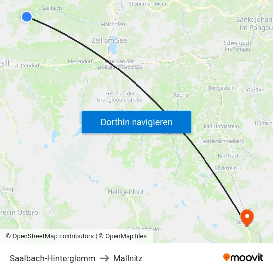 Saalbach-Hinterglemm to Mallnitz map