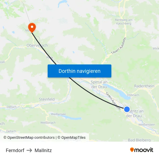 Ferndorf to Mallnitz map