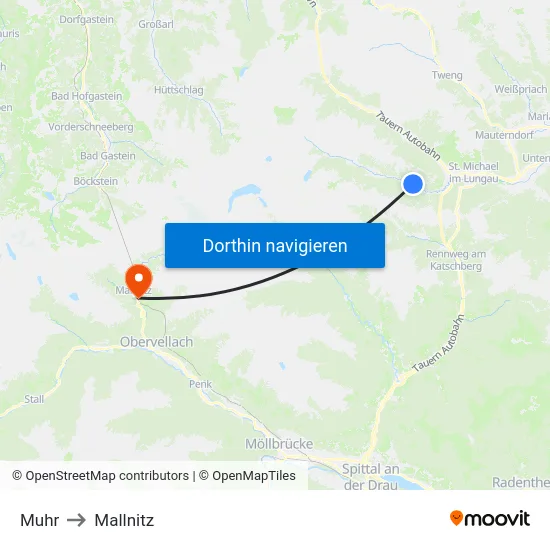 Muhr to Mallnitz map